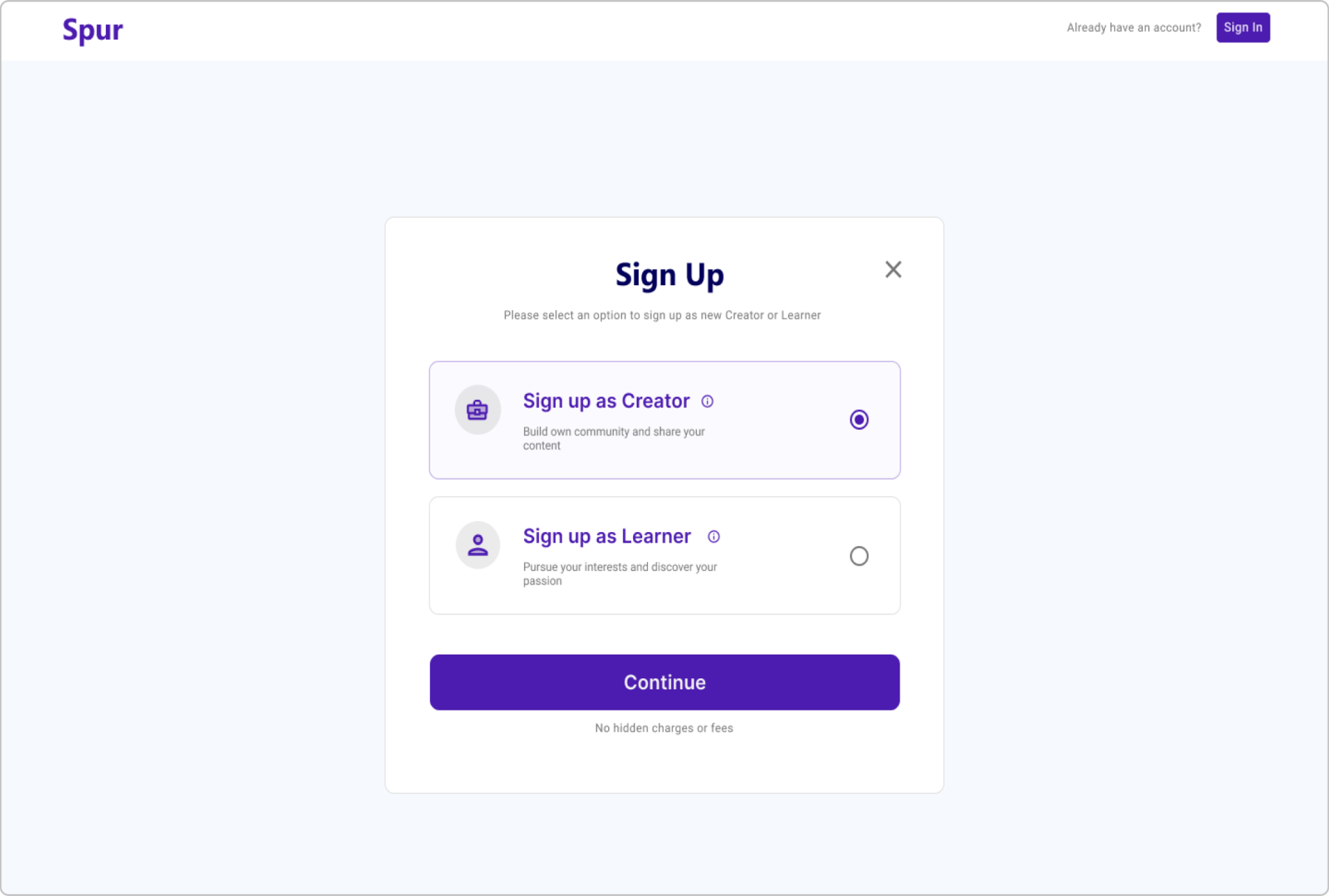 Final web design of the Spur sign up page